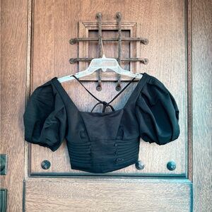 Self- Portrait Black Puff Sleeve Crop Top - Women Size 2